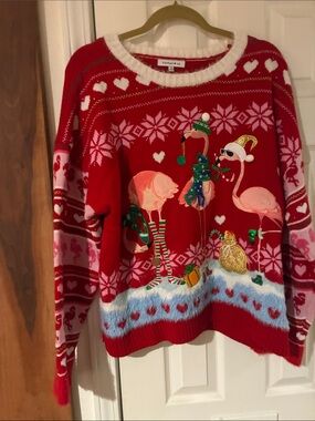 Christmas Sweater—Red Flamingo Crewneck 1X